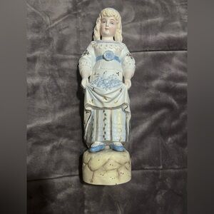 Antique German Bisque Women Figurine - 12 Inch - Blue & White